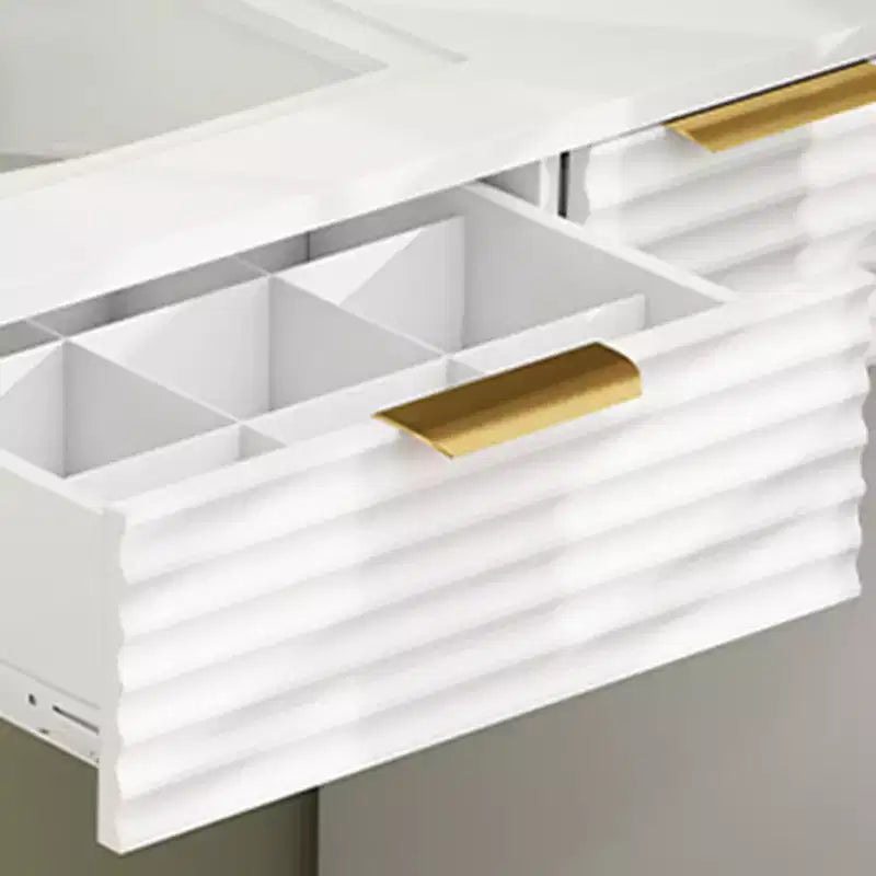 AEELLEEA Makeup Vanity Desk with Mirror Lights Glass Tabletop Vanity Table Modern Makeup Desk with Drawers for Bedroom White US Plug