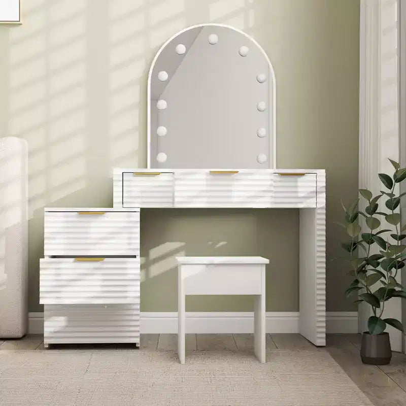 AEELLEEA Makeup Vanity Desk with Mirror Lights Glass Tabletop Vanity Table Modern Makeup Desk with Drawers for Bedroom White US Plug