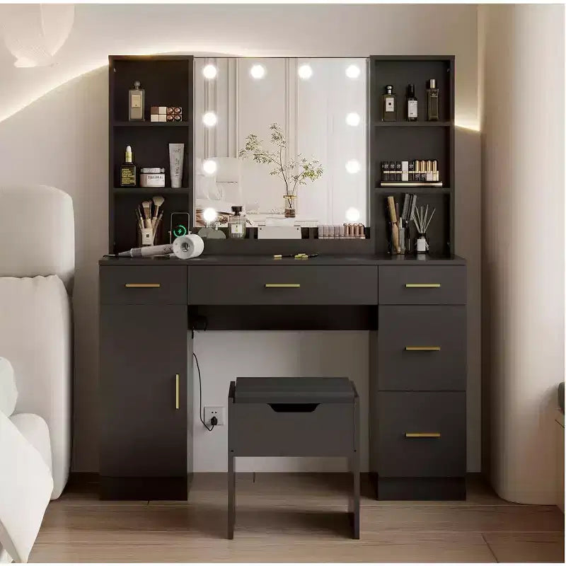 Acekool Farmhouse Vanity Set with Mirror, Makeup Desk with Storage Shelves & Cushioned Stool for Bedroom