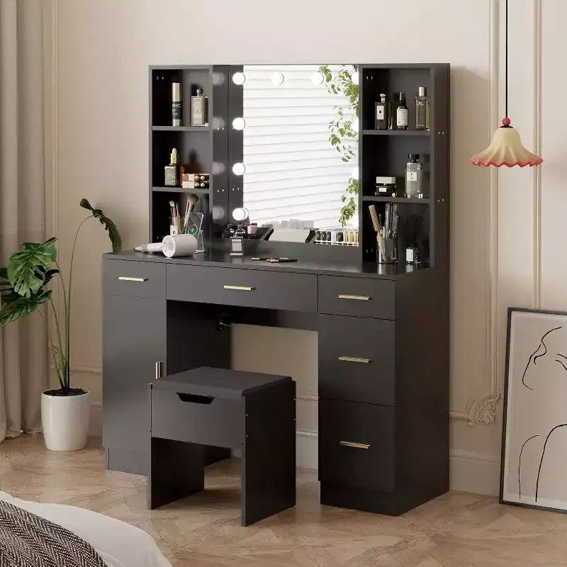 Acekool Farmhouse Vanity Set with Mirror, Makeup Desk with Storage Shelves & Cushioned Stool for Bedroom