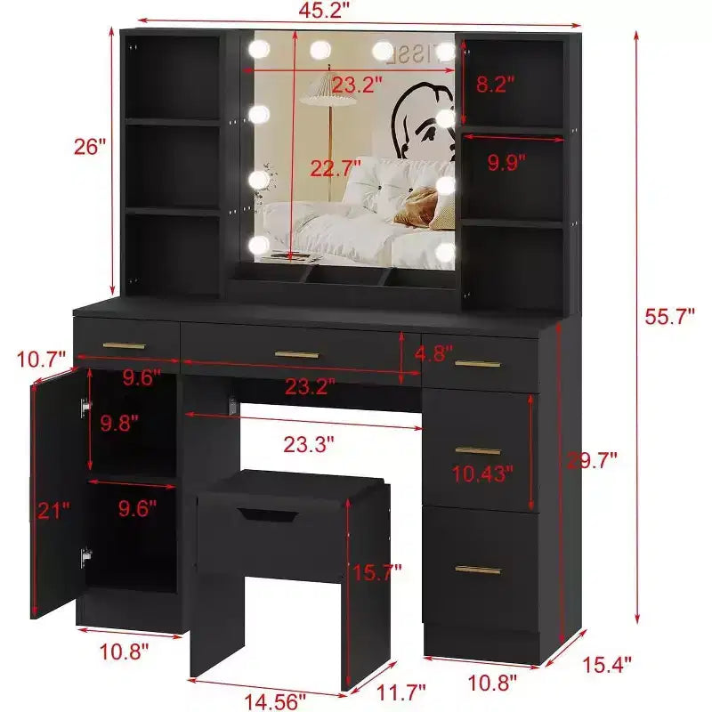 Acekool Farmhouse Vanity Set with Mirror, Makeup Desk with Storage Shelves & Cushioned Stool for Bedroom