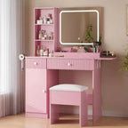 Acekool Vanity Desk with Mirror, Drawers, Cabinet, Power Access & Storage Stool, Expandable Makeup Table for Bedroom