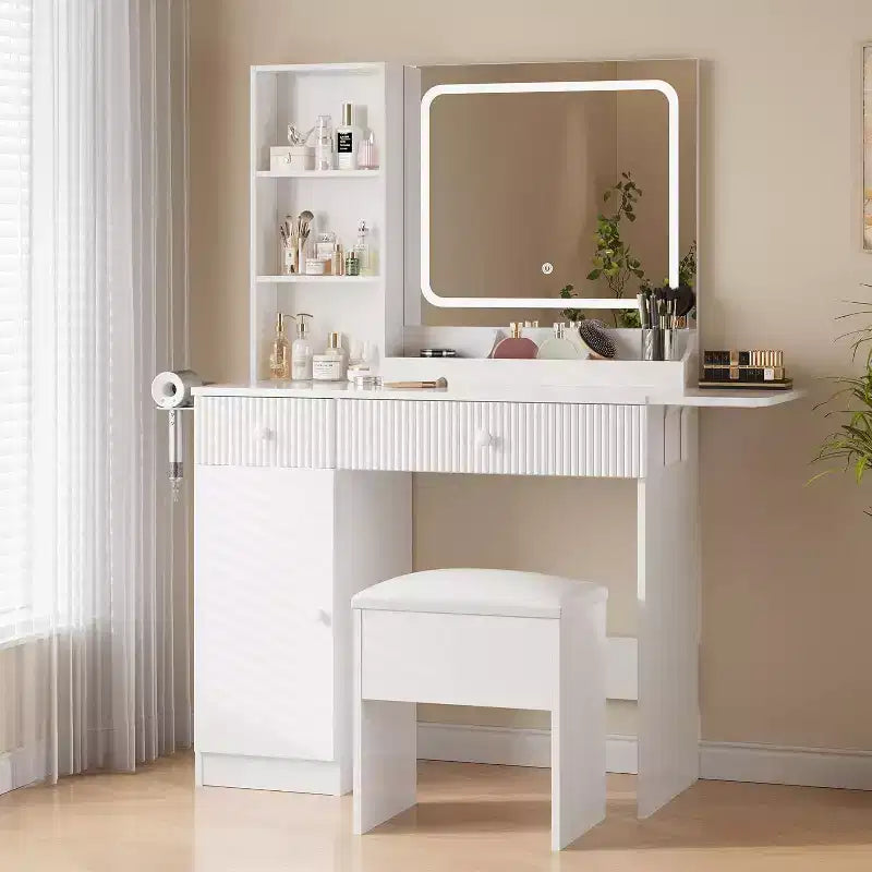 Escritorio de tocador Acekool con espejo, cajones, gabinete, acceso a corriente y taburete de almacenamiento, mesa de maquillaje extensible para dormitorio