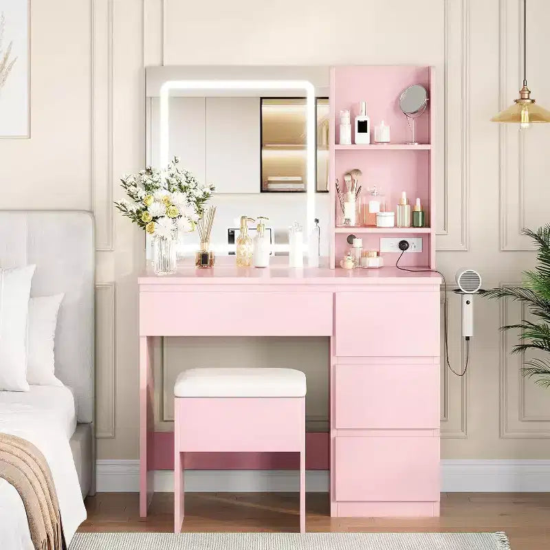 Vanity Desk with Mirror and 3 Lighting Mode LED Light, 4 Drawers, Power Outlet, Storage Stool, Hair Dryer Holder, Makeup Table for Bedroom, Pink