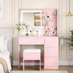 Vanity Desk with Mirror and 3 Lighting Mode LED Light, 4 Drawers, Power Outlet, Storage Stool, Hair Dryer Holder, Makeup Table for Bedroom, Pink