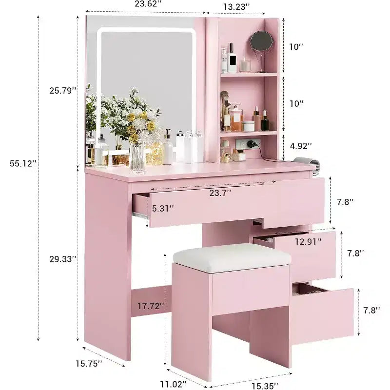 Schminktisch mit Spiegel und LED-Beleuchtung in 3 Modi, 4 Schubladen, Steckdose, Stauraumhocker und Halterung für Haartrockner, Schminktisch für das Schlafzimmer, Rosa