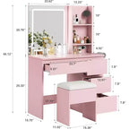 Schminktisch mit Spiegel und LED-Beleuchtung in 3 Modi, 4 Schubladen, Steckdose, Stauraumhocker und Halterung für Haartrockner, Schminktisch für das Schlafzimmer, Rosa