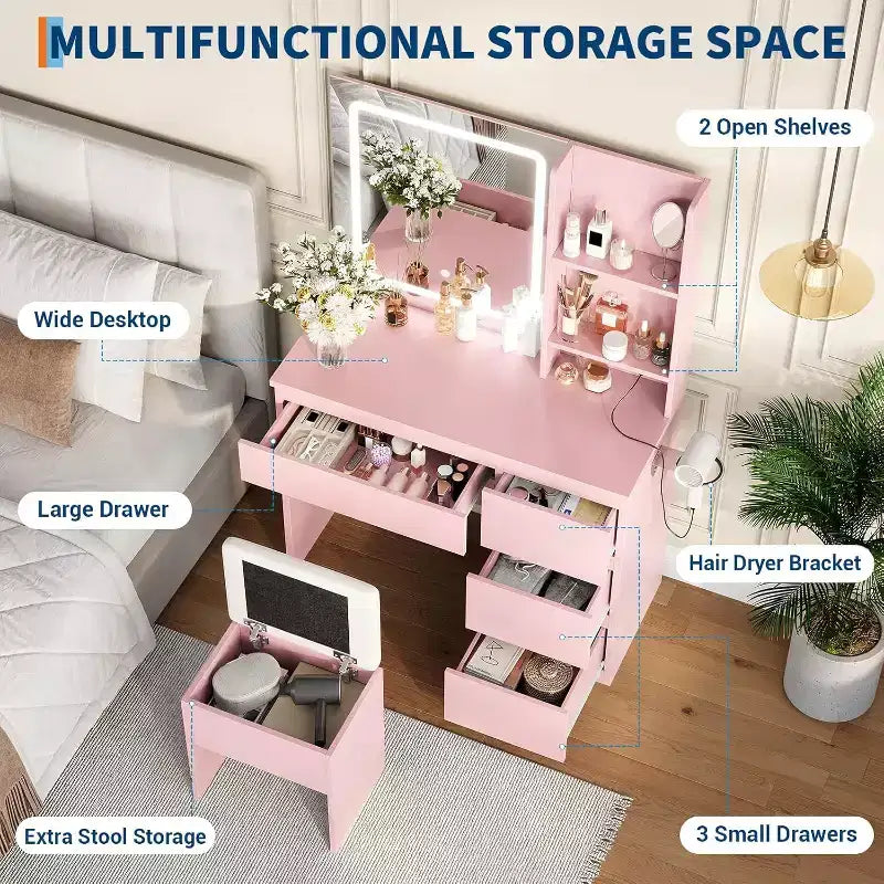 Schminktisch mit Spiegel und LED-Beleuchtung in 3 Modi, 4 Schubladen, Steckdose, Stauraumhocker und Halterung für Haartrockner, Schminktisch für das Schlafzimmer, Rosa
