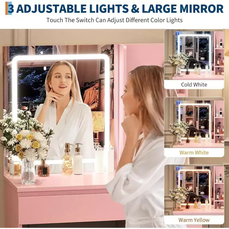 Schminktisch mit Spiegel und LED-Beleuchtung in 3 Modi, 4 Schubladen, Steckdose, Stauraumhocker und Halterung für Haartrockner, Schminktisch für das Schlafzimmer, Rosa