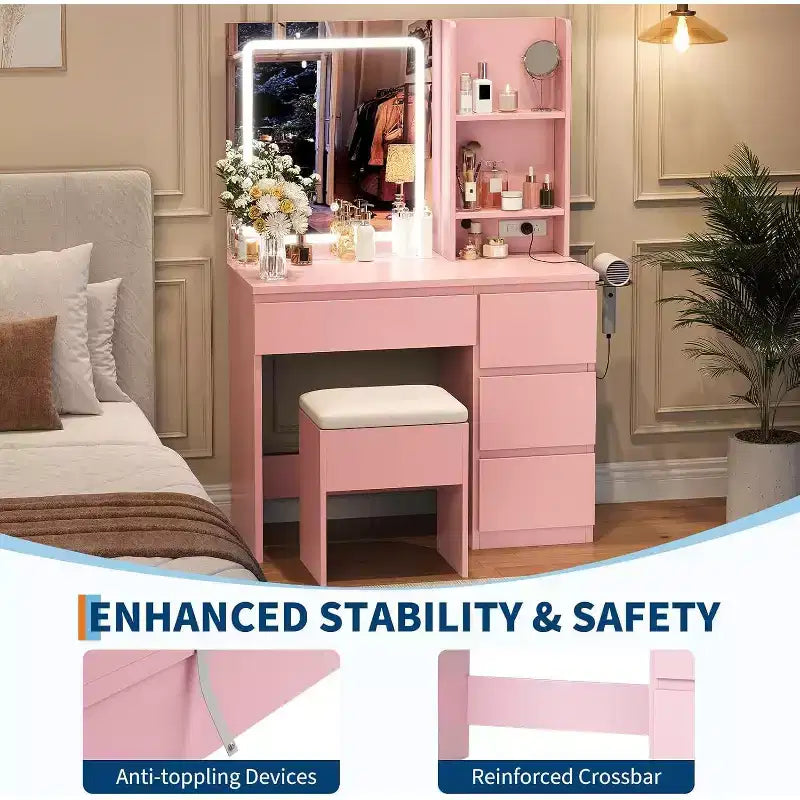 Schminktisch mit Spiegel und LED-Beleuchtung in 3 Modi, 4 Schubladen, Steckdose, Stauraumhocker und Halterung für Haartrockner, Schminktisch für das Schlafzimmer, Rosa
