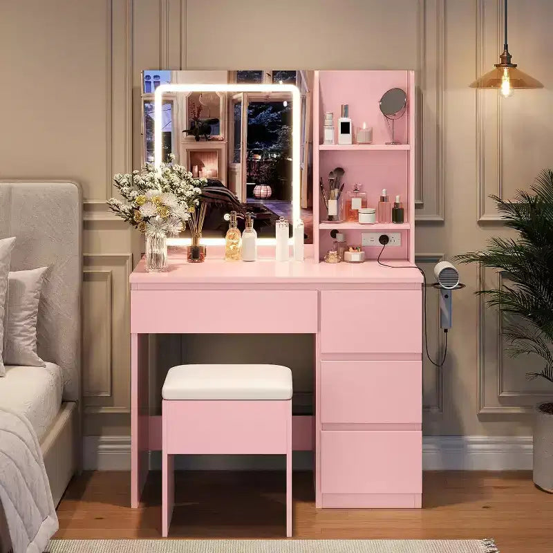 Schminktisch mit Spiegel und LED-Beleuchtung in 3 Modi, 4 Schubladen, Steckdose, Stauraumhocker und Halterung für Haartrockner, Schminktisch für das Schlafzimmer, Rosa