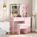 Schminktisch mit Spiegel und LED-Beleuchtung in 3 Modi, 4 Schubladen, Steckdose, Stauraumhocker und Halterung für Haartrockner, Schminktisch für das Schlafzimmer, Rosa