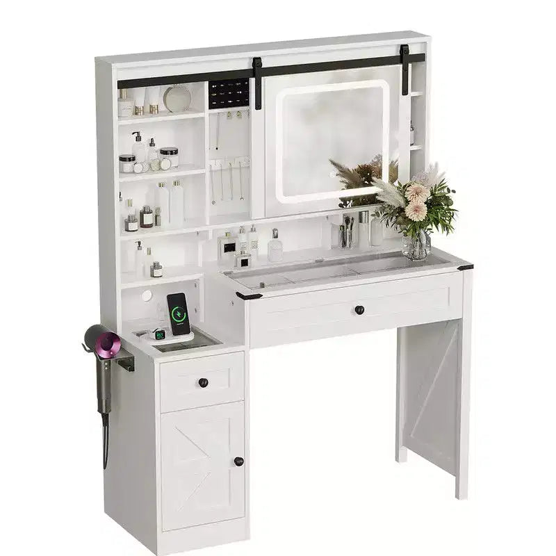 Washed White + Vintage Brown Desktop, Particle Board, Melamine Veneer, 2 Drawers and 1 Door, Glass Desktop, Barn Door Style Dressing Table