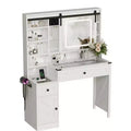 Washed White + Vintage Brown Desktop, Particle Board, Melamine Veneer, 2 Drawers and 1 Door, Glass Desktop, Barn Door Style Dressing Table