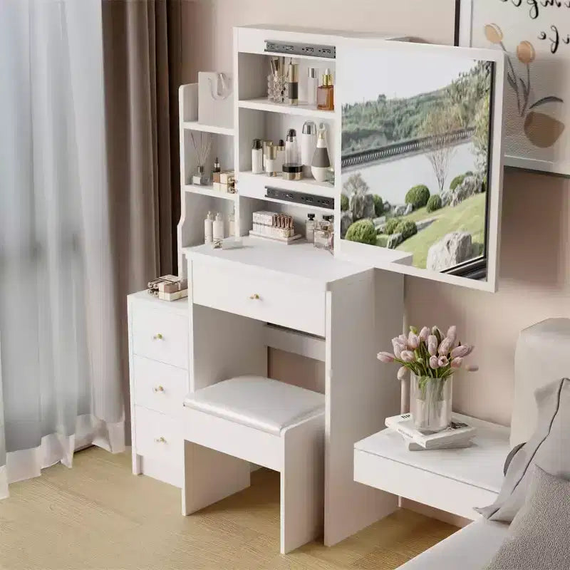 Makeup Vanity Desk, Vanity Table Set With Stool, Right Sliding Mirror, Multi Layer Storage Shelves, 4 Drawers, Dressing Table White