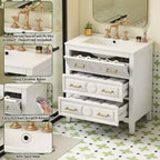 Waschtischunterschrank mit Keramikwaschbecken, freistehendes Waschtisch-Set mit 3 Schubladen und Badezimmerschrank mit Massivholzrahmen