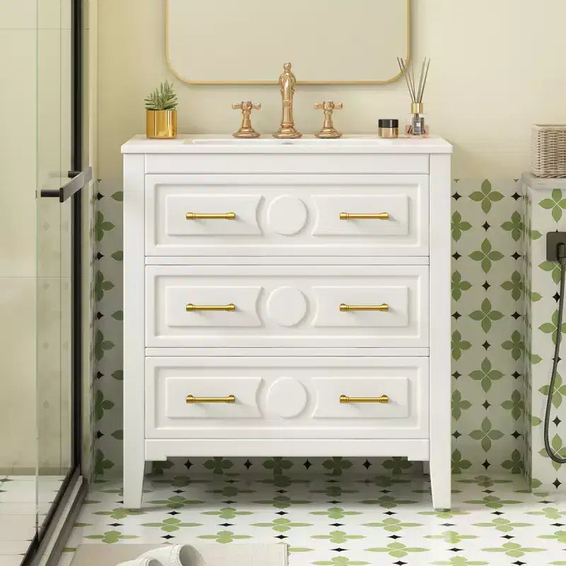 Waschtischunterschrank mit Keramikwaschbecken, freistehendes Waschtisch-Set mit 3 Schubladen und Badezimmerschrank mit Massivholzrahmen