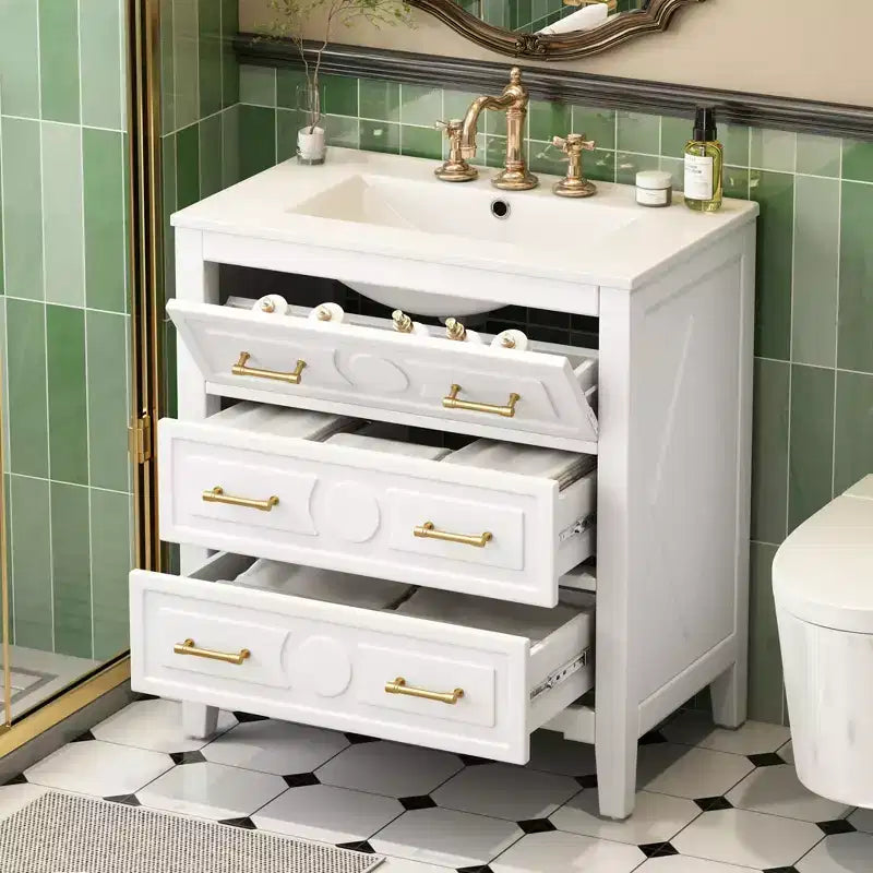 Waschtischunterschrank mit Keramikwaschbecken, freistehendes Waschtisch-Set mit 3 Schubladen und Badezimmerschrank mit Massivholzrahmen