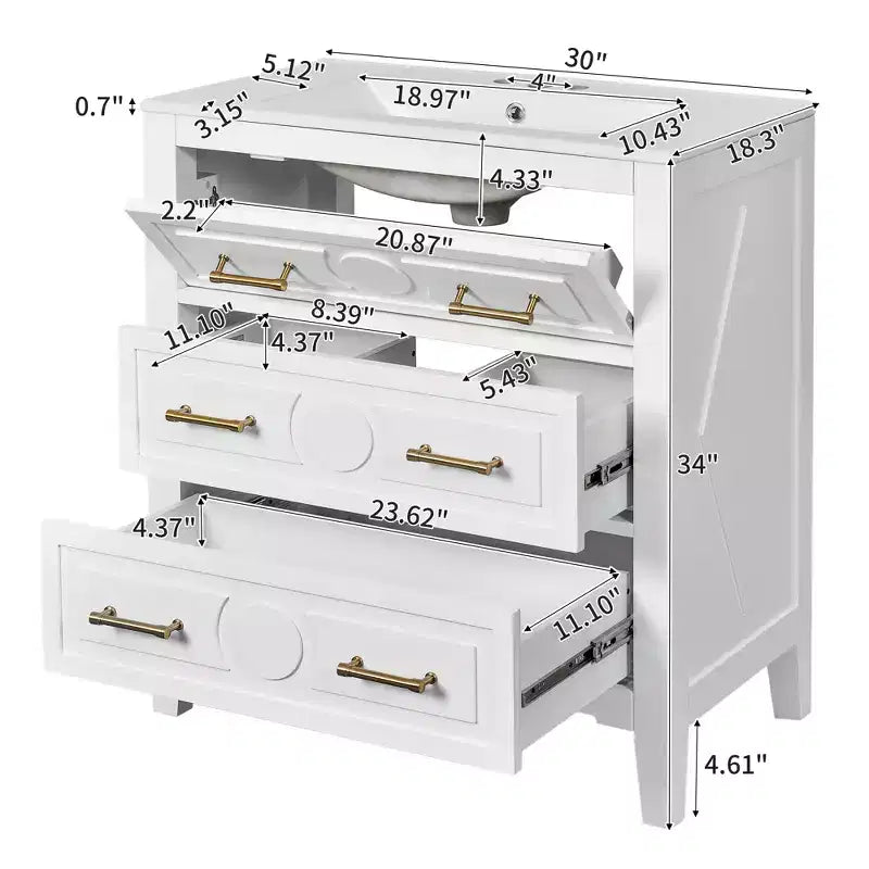 Waschtischunterschrank mit Keramikwaschbecken, freistehendes Waschtisch-Set mit 3 Schubladen und Badezimmerschrank mit Massivholzrahmen