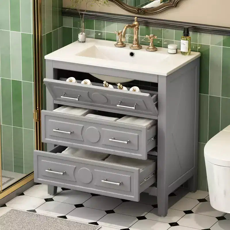 Waschtischunterschrank mit Keramikwaschbecken, freistehendes Waschtisch-Set mit 3 Schubladen und Badezimmerschrank mit Massivholzrahmen