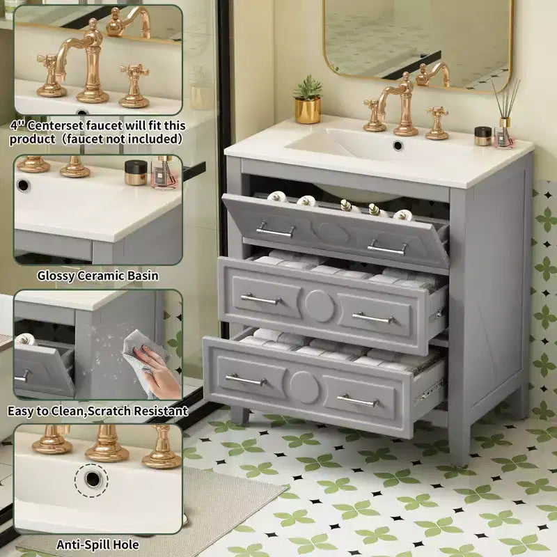 Waschtischunterschrank mit Keramikwaschbecken, freistehendes Waschtisch-Set mit 3 Schubladen und Badezimmerschrank mit Massivholzrahmen