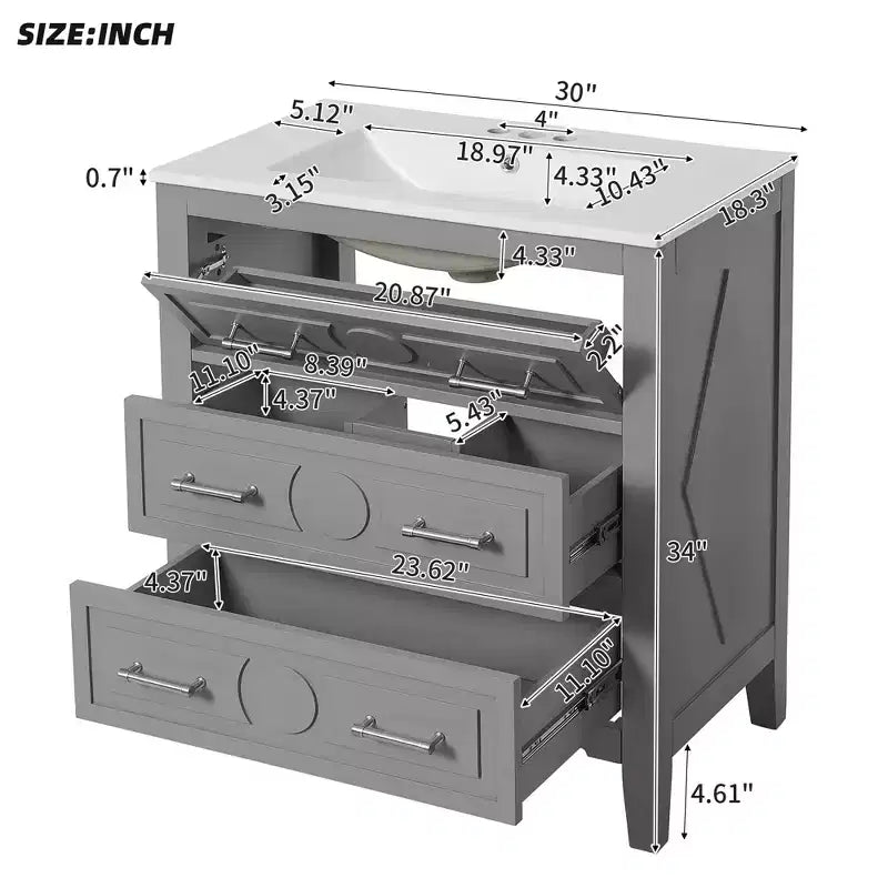 Waschtischunterschrank mit Keramikwaschbecken, freistehendes Waschtisch-Set mit 3 Schubladen und Badezimmerschrank mit Massivholzrahmen