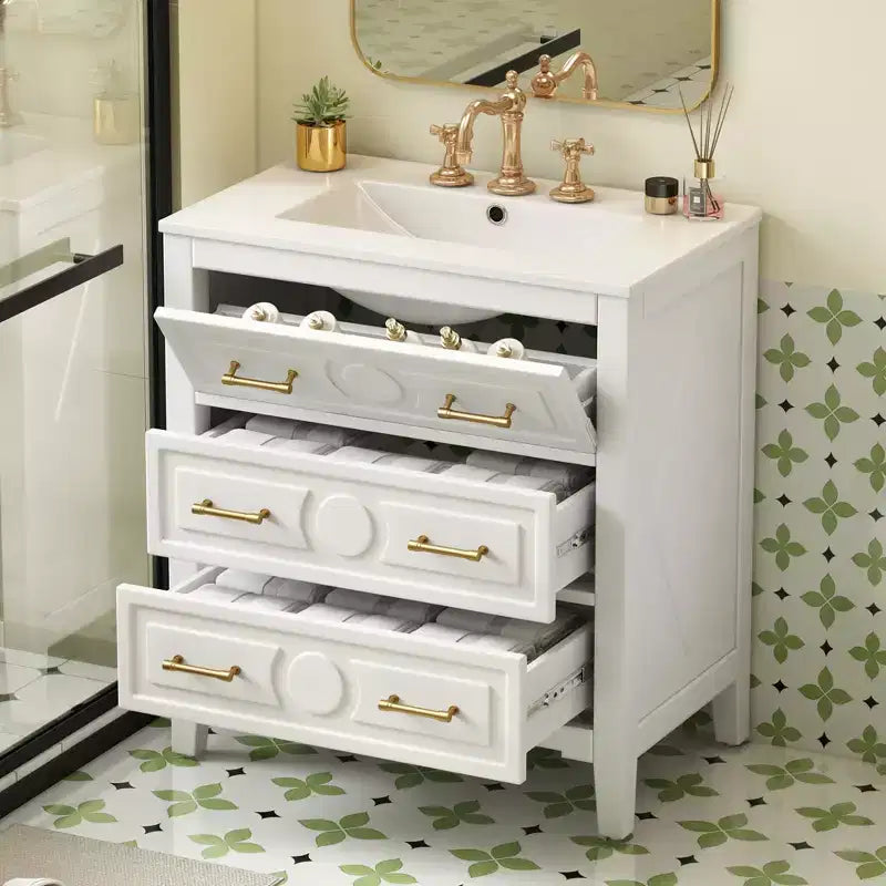 Waschtischunterschrank mit Keramikwaschbecken, freistehendes Waschtisch-Set mit 3 Schubladen und Badezimmerschrank mit Massivholzrahmen