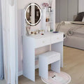 Round LED mirror dressing table cushioned stool, equipped large mirror, touch switch, 3 colors, adjustable brightness, large desktop White