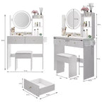 Round LED mirror dressing table cushioned stool, equipped large mirror, touch switch, 3 colors, adjustable brightness, large desktop White