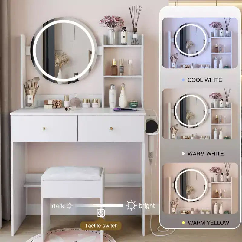 Round LED mirror dressing table cushioned stool, equipped large mirror, touch switch, 3 colors, adjustable brightness, large desktop White