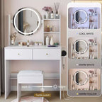 Round LED mirror dressing table cushioned stool, equipped large mirror, touch switch, 3 colors, adjustable brightness, large desktop White