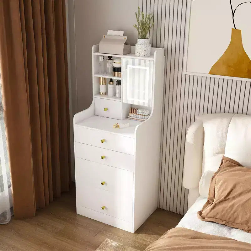 3-in-1 vanity with LED mirror and storage stool - Compact vanity with 4 drawers, storage cabinets, and a hidden stool open bookshelves White