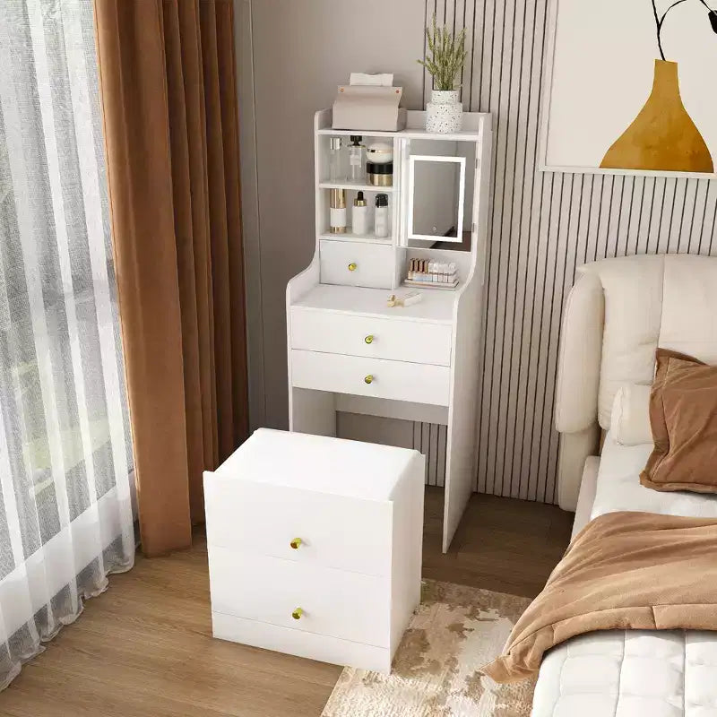 3-in-1 vanity with LED mirror and storage stool - Compact vanity with 4 drawers, storage cabinets, and a hidden stool open bookshelves White