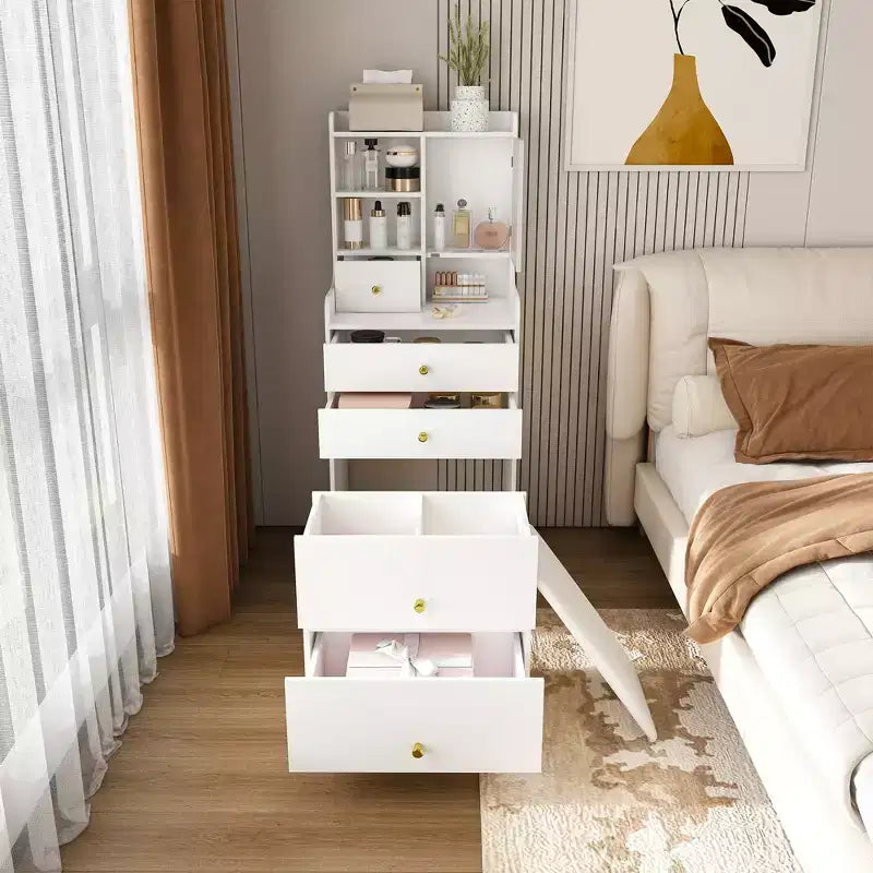 3-in-1 vanity with LED mirror and storage stool - Compact vanity with 4 drawers, storage cabinets, and a hidden stool open bookshelves White
