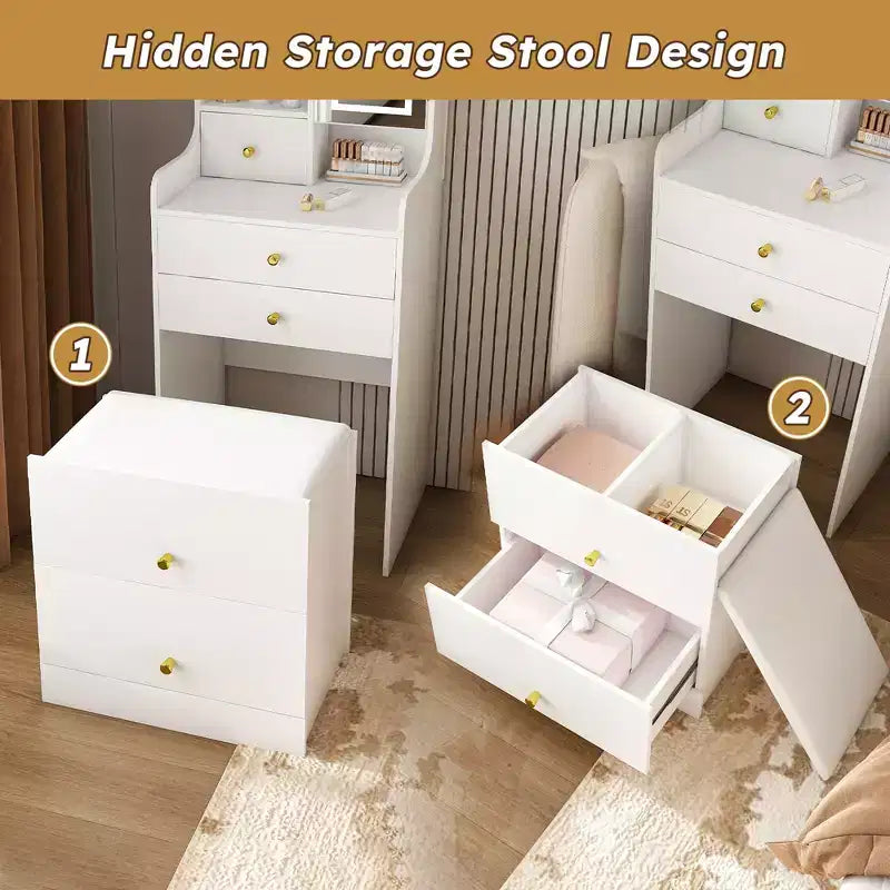 3-in-1 vanity with LED mirror and storage stool - Compact vanity with 4 drawers, storage cabinets, and a hidden stool open bookshelves White