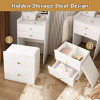 3-in-1 vanity with LED mirror and storage stool - Compact vanity with 4 drawers, storage cabinets, and a hidden stool open bookshelves White