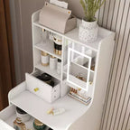 3-in-1 vanity with LED mirror and storage stool - Compact vanity with 4 drawers, storage cabinets, and a hidden stool open bookshelves White