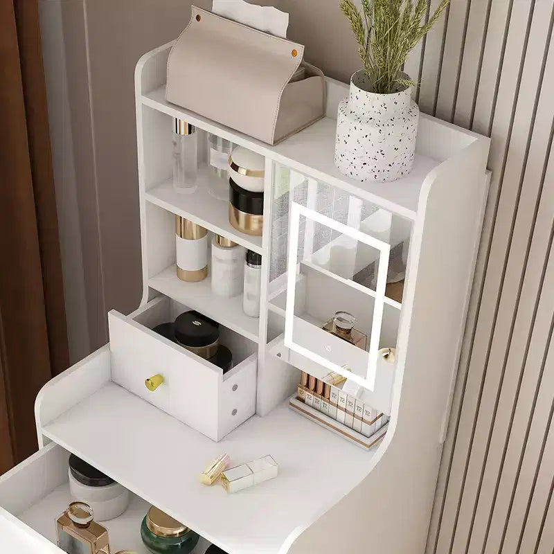 3-in-1 vanity with LED mirror and storage stool - Compact vanity with 4 drawers, storage cabinets, and a hidden stool open bookshelves White