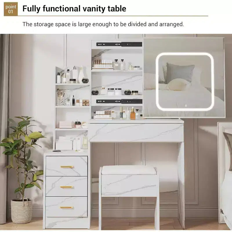 Kaptafel met verschuifbare ledspiegel, 4 laden, opbergplanken, stopcontact en krukje, make-uptafel voor de slaapkamer met verlichting in 3 kleuren