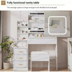 Kaptafel met verschuifbare ledspiegel, 4 laden, opbergplanken, stopcontact en krukje, make-uptafel voor de slaapkamer met verlichting in 3 kleuren