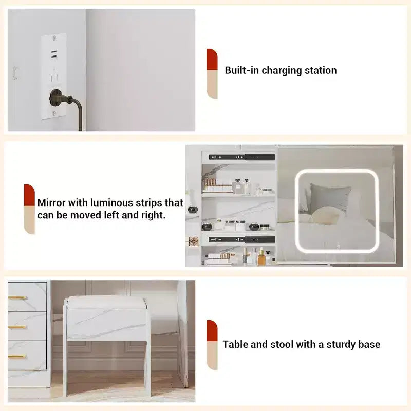Kaptafel met verschuifbare ledspiegel, 4 laden, opbergplanken, stopcontact en krukje, make-uptafel voor de slaapkamer met verlichting in 3 kleuren
