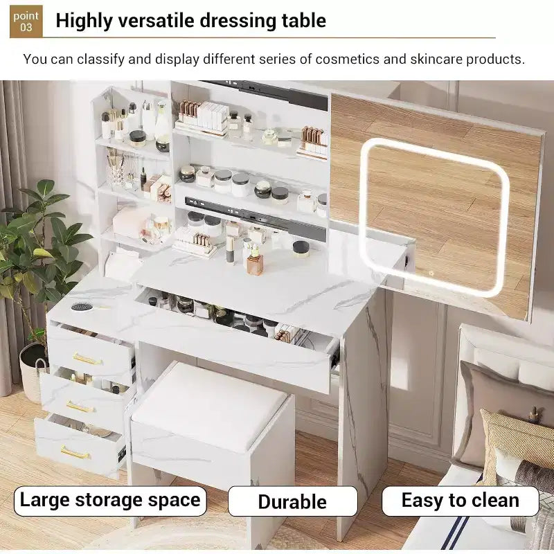 Kaptafel met verschuifbare ledspiegel, 4 laden, opbergplanken, stopcontact en krukje, make-uptafel voor de slaapkamer met verlichting in 3 kleuren