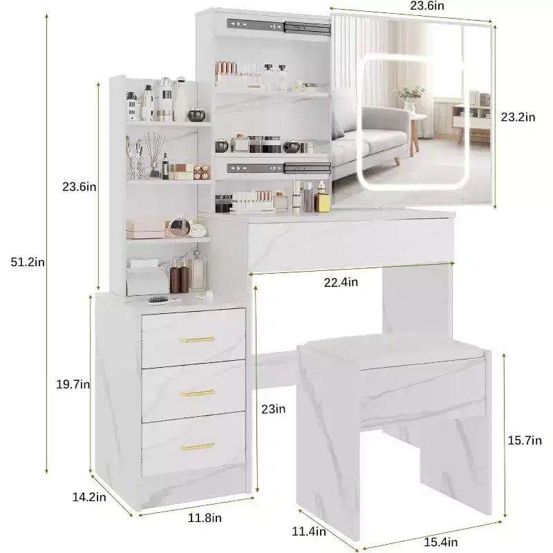 Kaptafel met verschuifbare ledspiegel, 4 laden, opbergplanken, stopcontact en krukje, make-uptafel voor de slaapkamer met verlichting in 3 kleuren