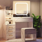 Kaptafel met verschuifbare ledspiegel, 4 laden, opbergplanken, stopcontact en krukje, make-uptafel voor de slaapkamer met verlichting in 3 kleuren