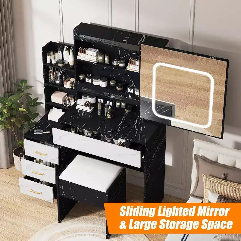 Kaptafel met verschuifbare ledspiegel, 4 laden, opbergplanken, stopcontact en krukje, make-uptafel voor de slaapkamer met verlichting in 3 kleuren