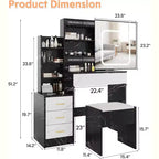 Kaptafel met verschuifbare ledspiegel, 4 laden, opbergplanken, stopcontact en krukje, make-uptafel voor de slaapkamer met verlichting in 3 kleuren