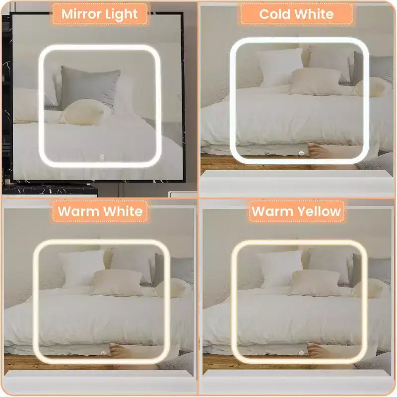 Kaptafel met verschuifbare ledspiegel, 4 laden, opbergplanken, stopcontact en krukje, make-uptafel voor de slaapkamer met verlichting in 3 kleuren