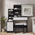Vanity Desk with LED Sliding Mirror, 4 Drawers, Storage Shelves, Power Outlet, and StoolMakeup Dressing Table for Bedroom, 3 Color Lights