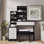 Vanity Desk with LED Sliding Mirror, 4 Drawers, Storage Shelves, Power Outlet, and StoolMakeup Dressing Table for Bedroom, 3 Color Lights
