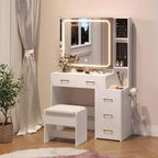 Makeup Vanity Set with Mirror and Lights, Vanity Desk with 5 Drawers, Stool & Power Outlet, 3-Color Lighting Modes with Adjustable Brightness